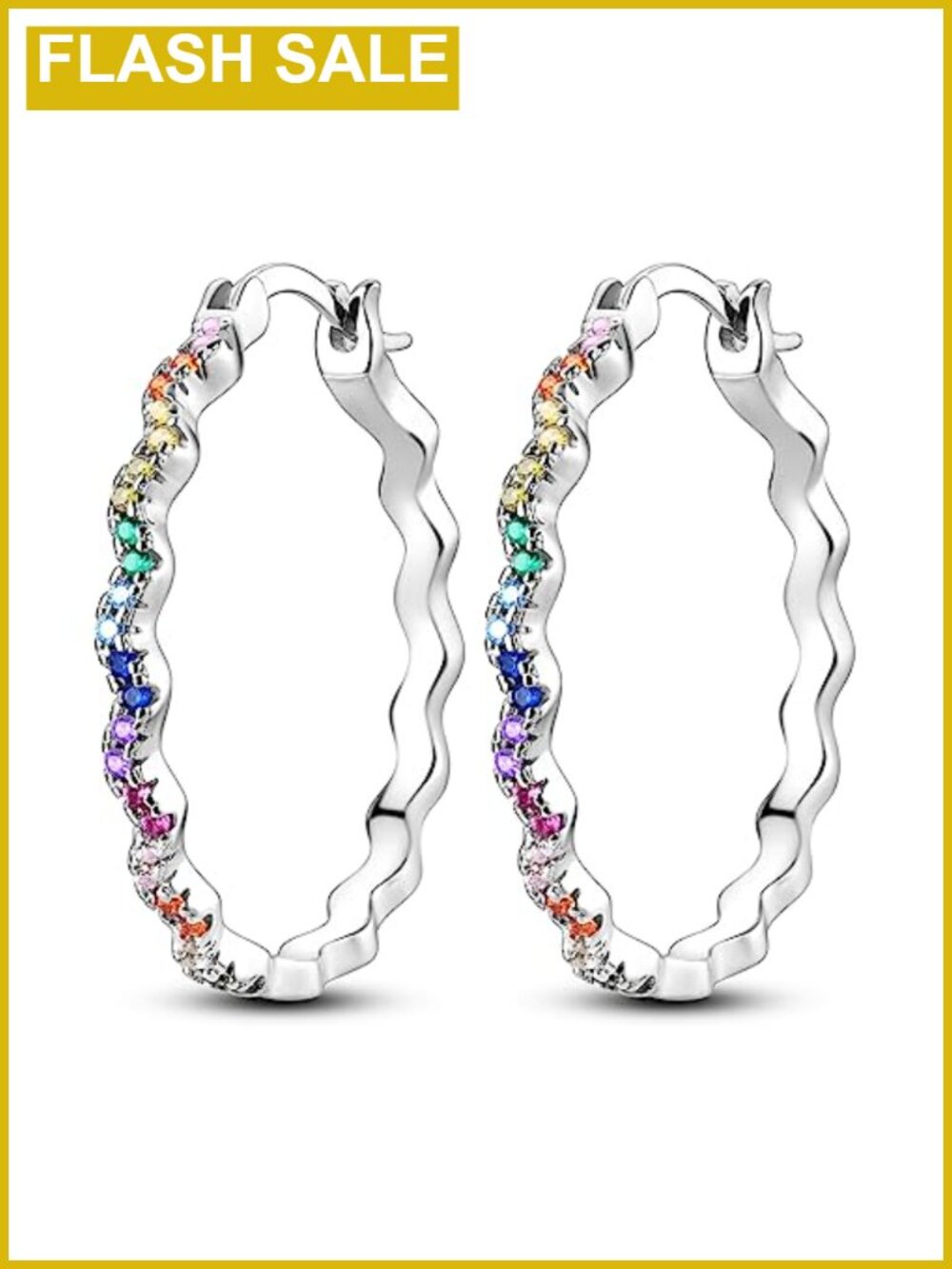 925 Sterling Silver Rainbow Cubic Zirconia Hoop Earrings Hinged Women
